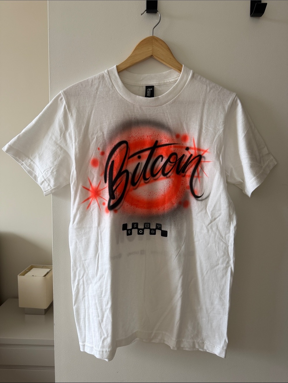 Gildan White T-Shirt with Orange and Black Bitcoin Airbrush Graphic